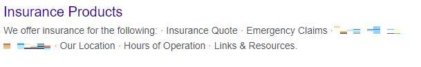 Examples of an auto-generated meta description that says: We offer insurance for the following: Insurance Quote Emergency Claims Our Location Hour of Operation Links & Resources