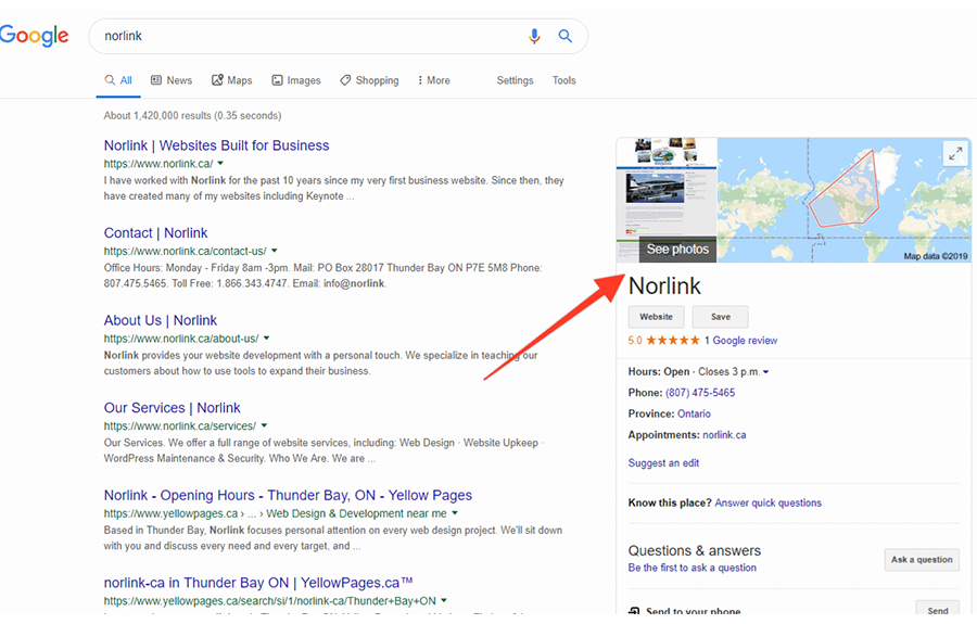 Screenshot of Google search listings with a Google My Business page featured